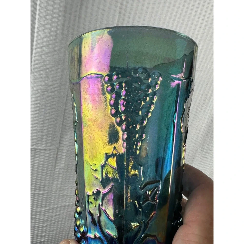 Vintage Indiana Harvest Blue Carnival Glass Tumbler Embossed Grapes‎ Leaves